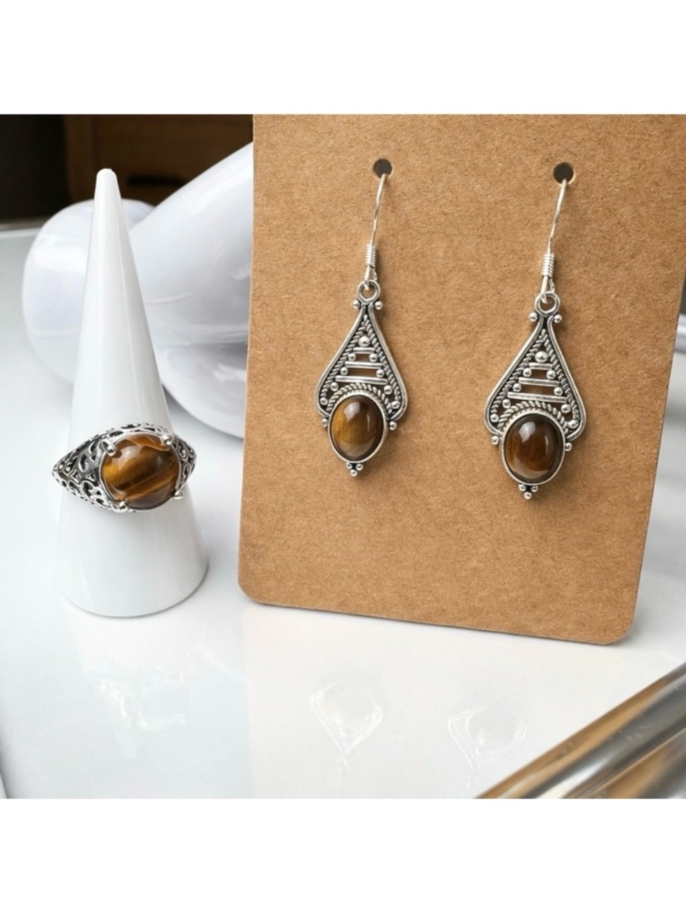 Sterling Silver Tiger’s Eye Ring & Dangle Earrings Set New Handcrafted Ring 8.75